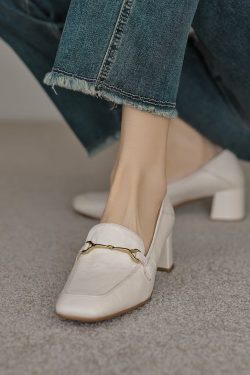 Vintage French Metal Buckle Loafers for Women - Versatile Square-Toe Chunky Heel Shoes