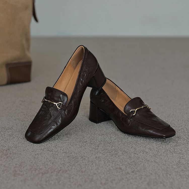 Vintage French Metal Buckle Loafers for Women - Versatile Square-Toe Chunky Heel Shoes Vintage French Metal Buckle Loafers for Women - Versatile Square-Toe Chunky Heel Shoes