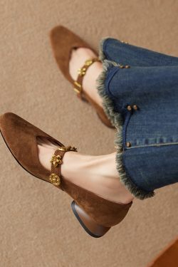 Vintage French Square Toe Mary Jane Shoes for Women - Genuine Leather Low Chunky Heel Flats for Commuting