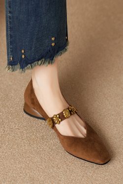 Vintage French Square Toe Mary Jane Shoes for Women - Genuine Leather Low Chunky Heel Flats for Commuting