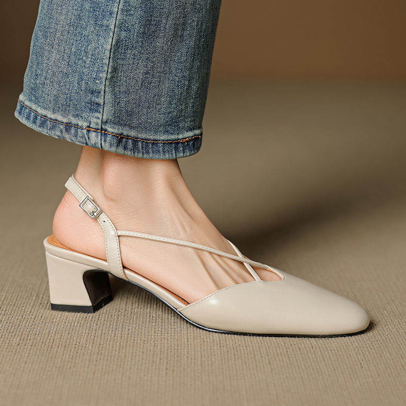 Vintage French Style Genuine Leather Mid-Heel Sandals for Women - Sweet Cross Strap Design, Slimming Fashion Footwear Vintage French Style Genuine Leather Mid-Heel Sandals for Women - Sweet Cross Strap Design, Slimming Fashion Footwear