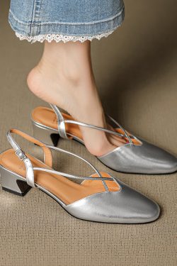 Vintage French Style Genuine Leather Mid-Heel Sandals for Women - Sweet Cross Strap Design, Slimming Fashion Footwear