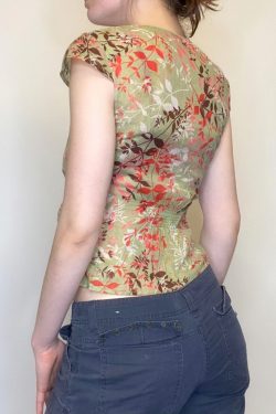 Vintage French Style Lace-Up Short Sleeve Top for Women - Dappled Branch Shadows Low V-Neck Waist-Defined T-Shirt - Summer Fashion