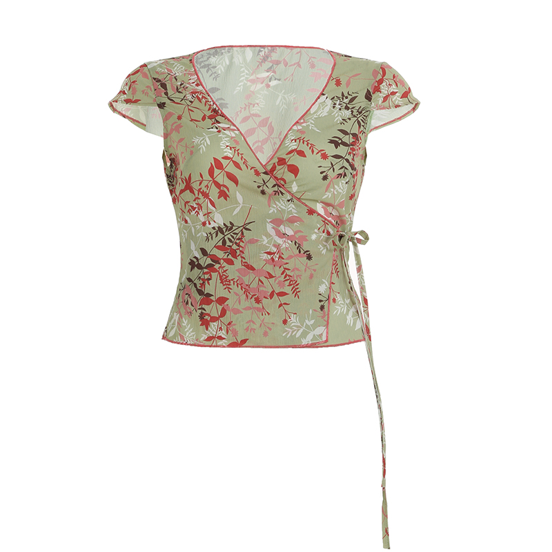 Vintage French Style Lace-Up Short Sleeve Top for Women - Dappled Branch Shadows Low V-Neck Waist-Defined T-Shirt - Summer Fashion Vintage French Style Lace-Up Short Sleeve Top for Women - Dappled Branch Shadows Low V-Neck Waist-Defined T-Shirt - Summer Fashion