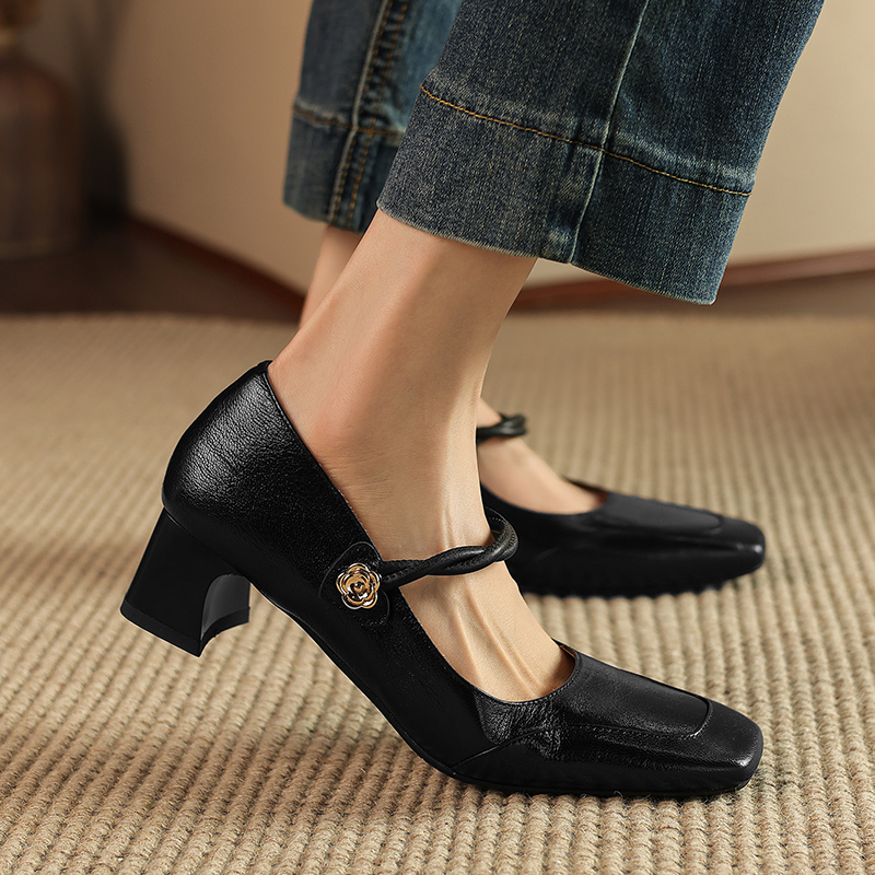 Vintage French Style Leather Mary Jane Flats for Women - Square Toe, Shallow Mouth, Medium Heel - Summer Commuting Shoes Vintage French Style Leather Mary Jane Flats for Women - Square Toe, Shallow Mouth, Medium Heel - Summer Commuting Shoes