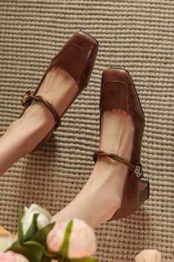 Vintage French Style Leather Mary Jane Flats for Women - Square Toe, Shallow Mouth, Medium Heel - Summer Commuting Shoes