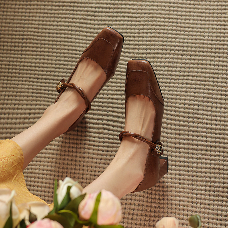 Vintage French Style Leather Mary Jane Flats for Women - Square Toe, Shallow Mouth, Medium Heel - Summer Commuting Shoes Vintage French Style Leather Mary Jane Flats for Women - Square Toe, Shallow Mouth, Medium Heel - Summer Commuting Shoes