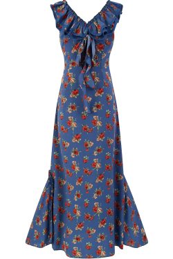 Vintage French-Style V-Neck Floral Dress for Women - Age-Reducing Blue Summer Dress, 2025 Collection