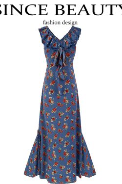 Vintage French-Style V-Neck Floral Dress for Women - Age-Reducing Blue Summer Dress, 2025 Collection
