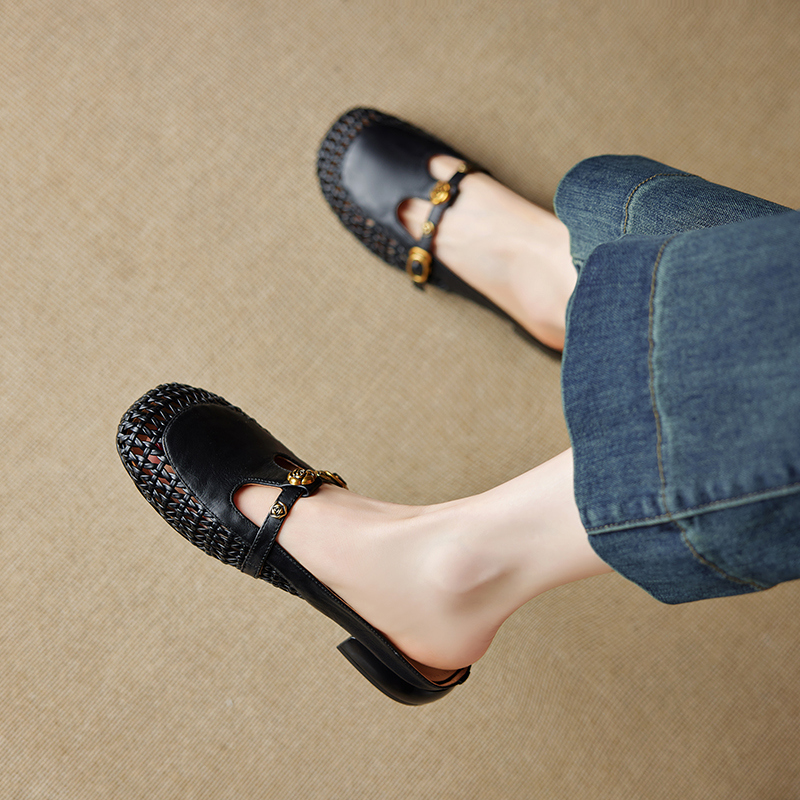 Vintage French Style Women's Genuine Leather Woven Camellia Mules - Mid-Heel Closed-Toe Slippers Vintage French Style Women's Genuine Leather Woven Camellia Mules - Mid-Heel Closed-Toe Slippers