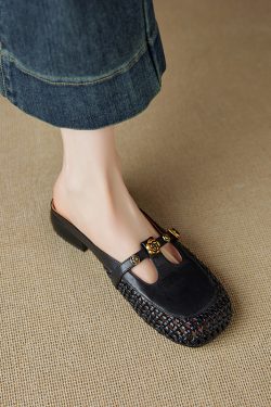 Vintage French Style Women's Genuine Leather Woven Camellia Mules - Mid-Heel Closed-Toe Slippers