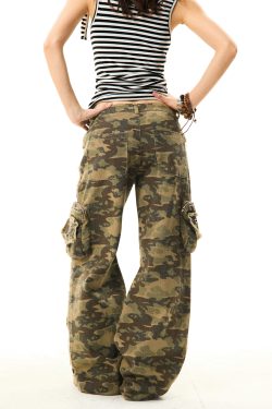 Vintage Fringe Camouflage Cargo Pants for Women - Versatile Loose Wide-Leg Design, Perfect for Y2K and Casual Street Style