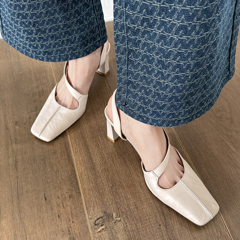 Vintage Genuine Leather Chunky Heeled Open-Toe Sandals for Women - Fashionable Backless High Heels, Versatile Italian Style Vintage Genuine Leather Chunky Heeled Open-Toe Sandals for Women - Fashionable Backless High Heels, Versatile Italian Style