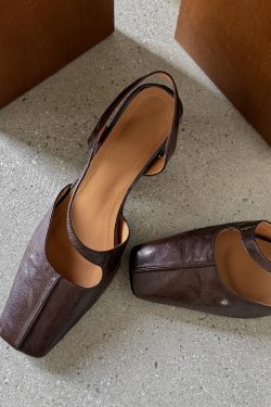 Vintage Genuine Leather Chunky Heeled Open-Toe Sandals for Women - Fashionable Backless High Heels, Versatile Italian Style