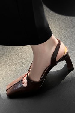 Vintage Genuine Leather Chunky Heeled Open-Toe Sandals for Women - Fashionable Backless High Heels, Versatile Italian Style