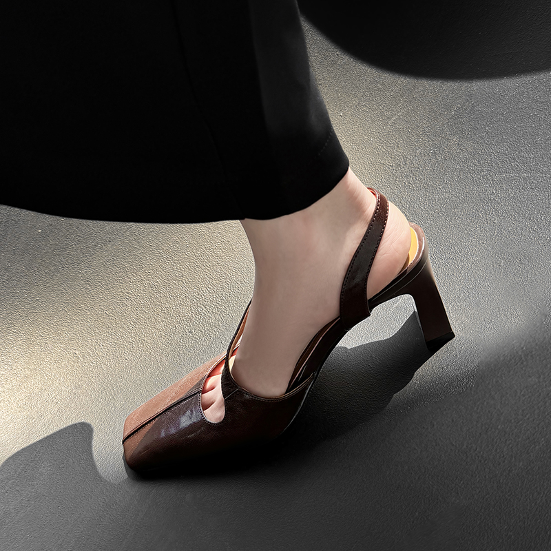 Vintage Genuine Leather Chunky Heeled Open-Toe Sandals for Women - Fashionable Backless High Heels, Versatile Italian Style Vintage Genuine Leather Chunky Heeled Open-Toe Sandals for Women - Fashionable Backless High Heels, Versatile Italian Style