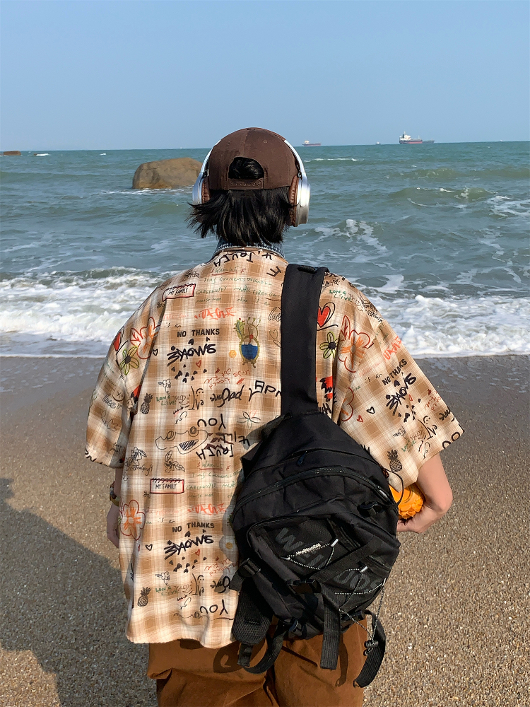 Vintage Graffiti Checkered Short Sleeve Shirt for Men and Women - Summer 90s Half Sleeve Top Vintage Graffiti Checkered Short Sleeve Shirt for Men and Women - Summer 90s Half Sleeve Top