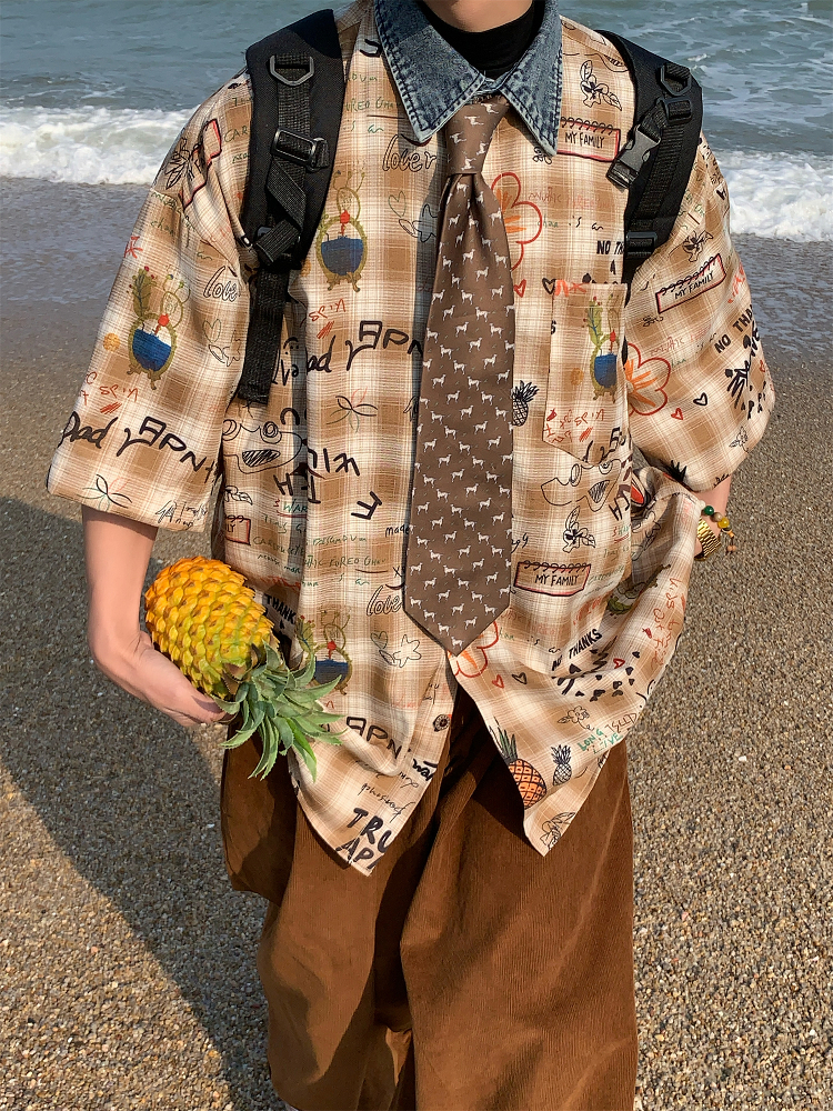 Vintage Graffiti Checkered Short Sleeve Shirt for Men and Women - Summer 90s Half Sleeve Top Vintage Graffiti Checkered Short Sleeve Shirt for Men and Women - Summer 90s Half Sleeve Top