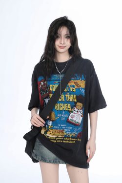 Vintage Gray Heavy-Duty Short Sleeve T-Shirt for Women – Loose Fit American High Street Summer Top Trend