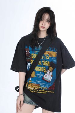 Vintage Gray Heavy-Duty Short Sleeve T-Shirt for Women – Loose Fit American High Street Summer Top Trend