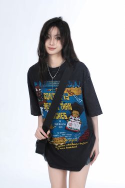 Vintage Gray Heavy-Duty Short Sleeve T-Shirt for Women – Loose Fit American High Street Summer Top Trend