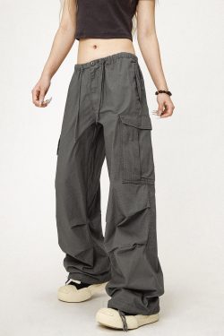 Vintage Gray Loose Fit Paratrooper Work Pants for Men and Women | Casual Floor-Length Niche Style Trousers