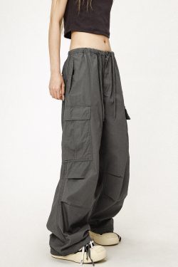 Vintage Gray Loose Fit Paratrooper Work Pants for Men and Women | Casual Floor-Length Niche Style Trousers