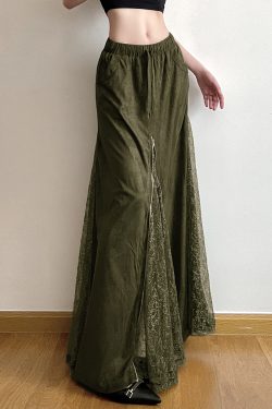 Vintage Green Wilderness Redemption Long Skirt for Women - Zipper Lace Splicing Straight Tube Half Skirt, Boho Chic Style