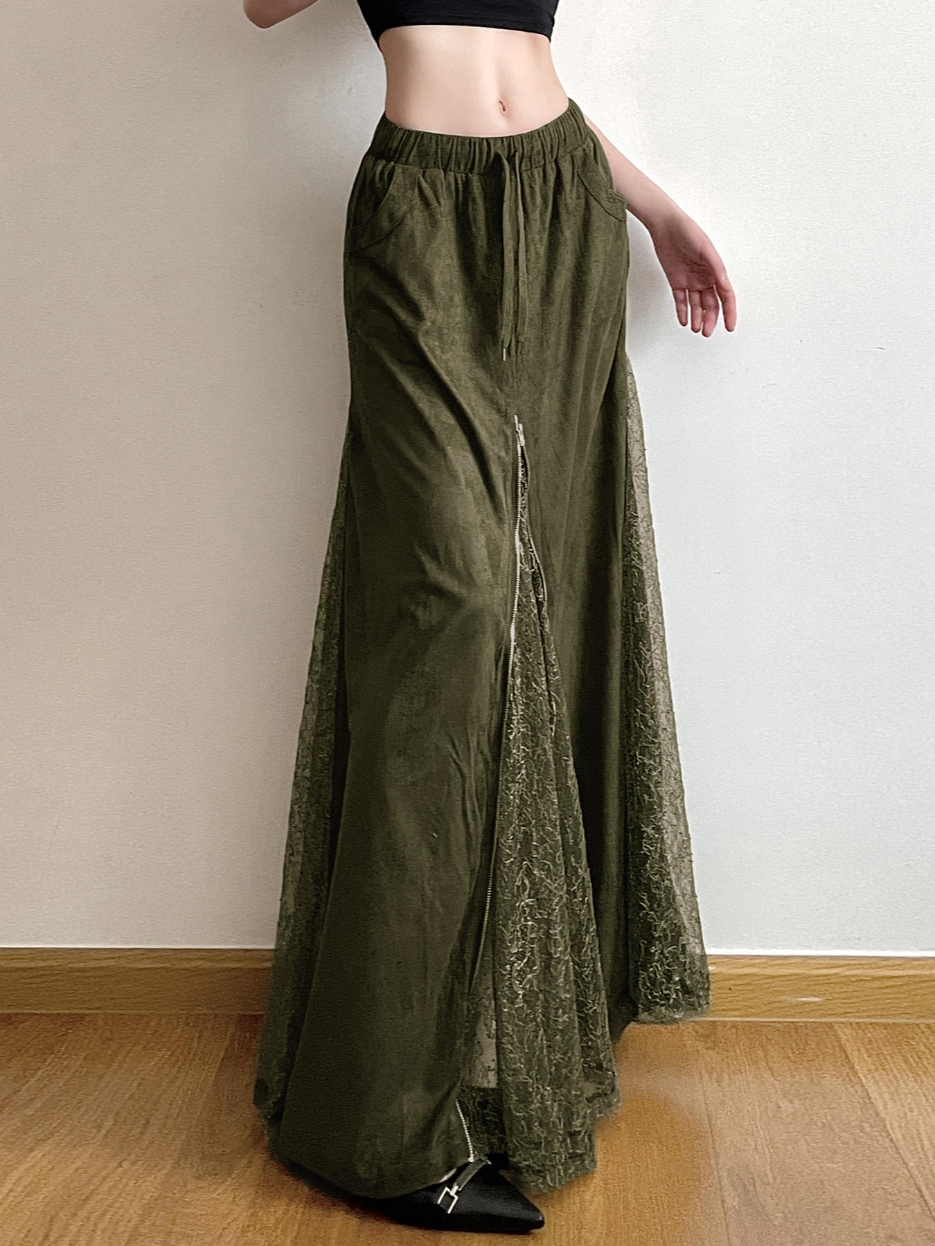 Vintage Green Wilderness Redemption Long Skirt for Women - Zipper Lace Splicing Straight Tube Half Skirt, Boho Chic Style Vintage Green Wilderness Redemption Long Skirt for Women - Zipper Lace Splicing Straight Tube Half Skirt, Boho Chic Style