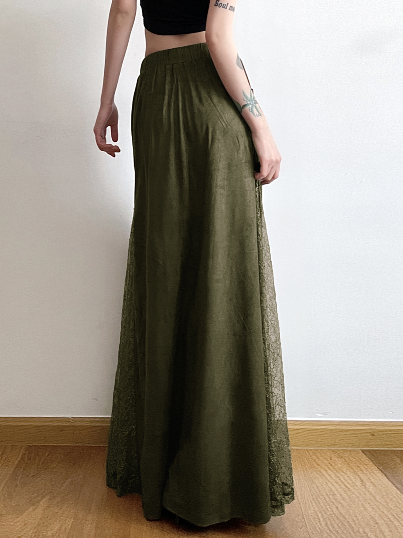Vintage Green Wilderness Redemption Long Skirt for Women - Zipper Lace Splicing Straight Tube Half Skirt, Boho Chic Style Vintage Green Wilderness Redemption Long Skirt for Women - Zipper Lace Splicing Straight Tube Half Skirt, Boho Chic Style