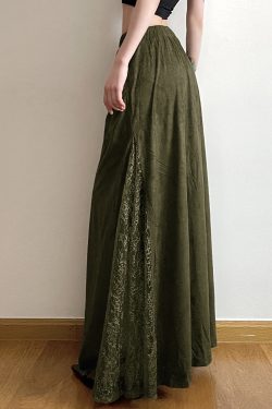 Vintage Green Wilderness Redemption Long Skirt for Women - Zipper Lace Splicing Straight Tube Half Skirt, Boho Chic Style