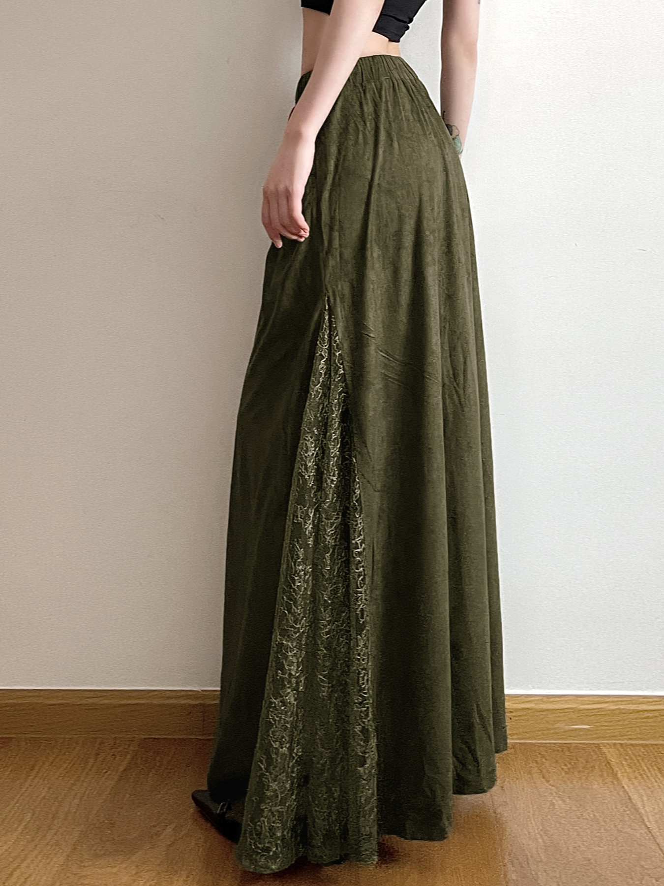 Vintage Green Wilderness Redemption Long Skirt for Women - Zipper Lace Splicing Straight Tube Half Skirt, Boho Chic Style Vintage Green Wilderness Redemption Long Skirt for Women - Zipper Lace Splicing Straight Tube Half Skirt, Boho Chic Style