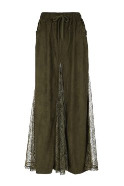Vintage Green Wilderness Redemption Long Skirt for Women - Zipper Lace Splicing Straight Tube Half Skirt, Boho Chic Style