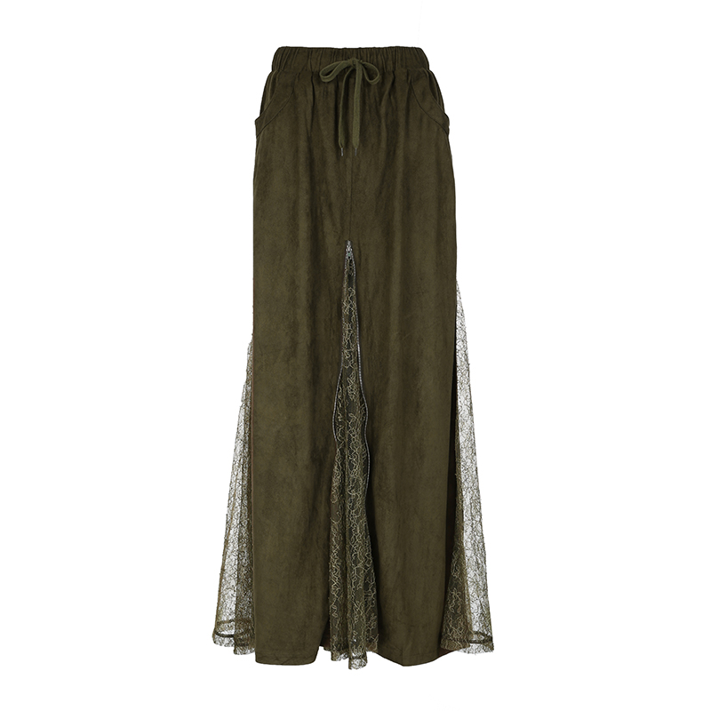 Vintage Green Wilderness Redemption Long Skirt for Women - Zipper Lace Splicing Straight Tube Half Skirt, Boho Chic Style Vintage Green Wilderness Redemption Long Skirt for Women - Zipper Lace Splicing Straight Tube Half Skirt, Boho Chic Style