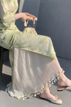 Vintage Hanfu Qipao Inner Slip Dress with Mesh Pleated Tassel Skirt, Elastic Waist, Hip-Covering Long Layer, Elegant Korean Style