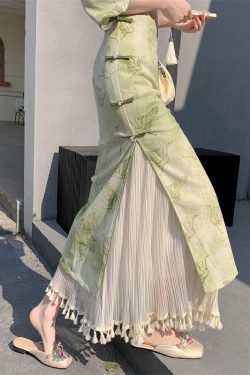 Vintage Hanfu Qipao Inner Slip Dress with Mesh Pleated Tassel Skirt, Elastic Waist, Hip-Covering Long Layer, Elegant Korean Style