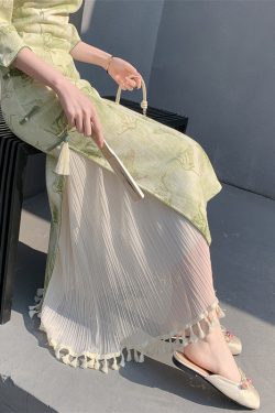 Vintage Hanfu Qipao Inner Slip Dress with Mesh Pleated Tassel Skirt, Elastic Waist, Hip-Covering Long Layer, Elegant Korean Style