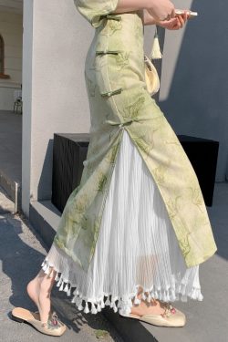 Vintage Hanfu Qipao Inner Slip Dress with Mesh Pleated Tassel Skirt, Elastic Waist, Hip-Covering Long Layer, Elegant Korean Style