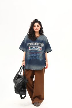 Vintage Heavyweight Washed Denim Short Sleeve T-Shirt for Women with Heavy Embroidery - Trendy Summer Style