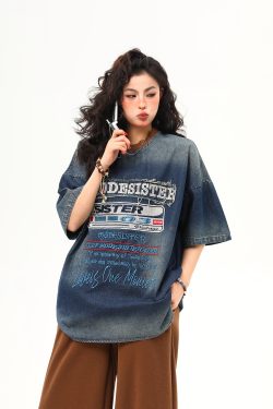 Vintage Heavyweight Washed Denim Short Sleeve T-Shirt for Women with Heavy Embroidery - Trendy Summer Style