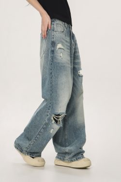 Vintage High Street Distressed Ripped Jeans for Women - Casual Wide-Leg Straight Loose Pants, Y2K Inspired Fashion