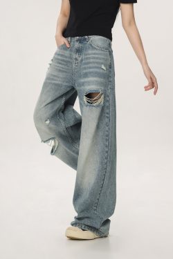 Vintage High Street Distressed Ripped Jeans for Women - Casual Wide-Leg Straight Loose Pants, Y2K Inspired Fashion