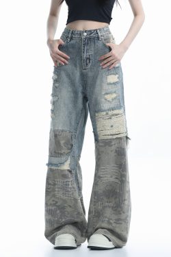 Vintage High Street Wide-Leg Ripped Camouflage Jeans for Women - Heavy-Duty Patchwork Floor-Length Pants, 90s Inspired Fashion