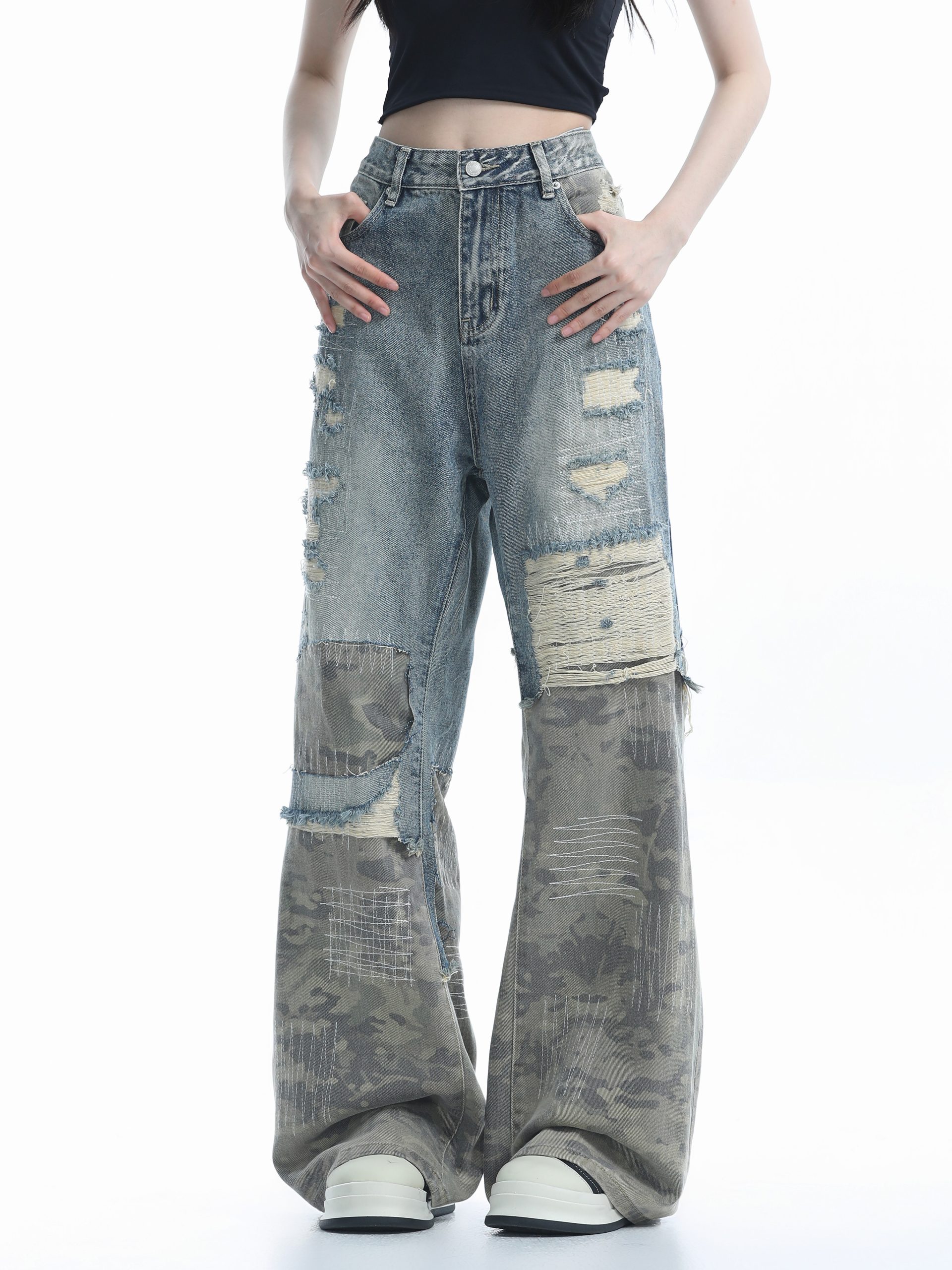 Vintage High Street Wide-Leg Ripped Camouflage Jeans for Women - Heavy-Duty Patchwork Floor-Length Pants, 90s Inspired Fashion Vintage High Street Wide-Leg Ripped Camouflage Jeans for Women - Heavy-Duty Patchwork Floor-Length Pants, 90s Inspired Fashion