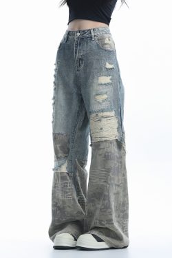 Vintage High Street Wide-Leg Ripped Camouflage Jeans for Women - Heavy-Duty Patchwork Floor-Length Pants, 90s Inspired Fashion
