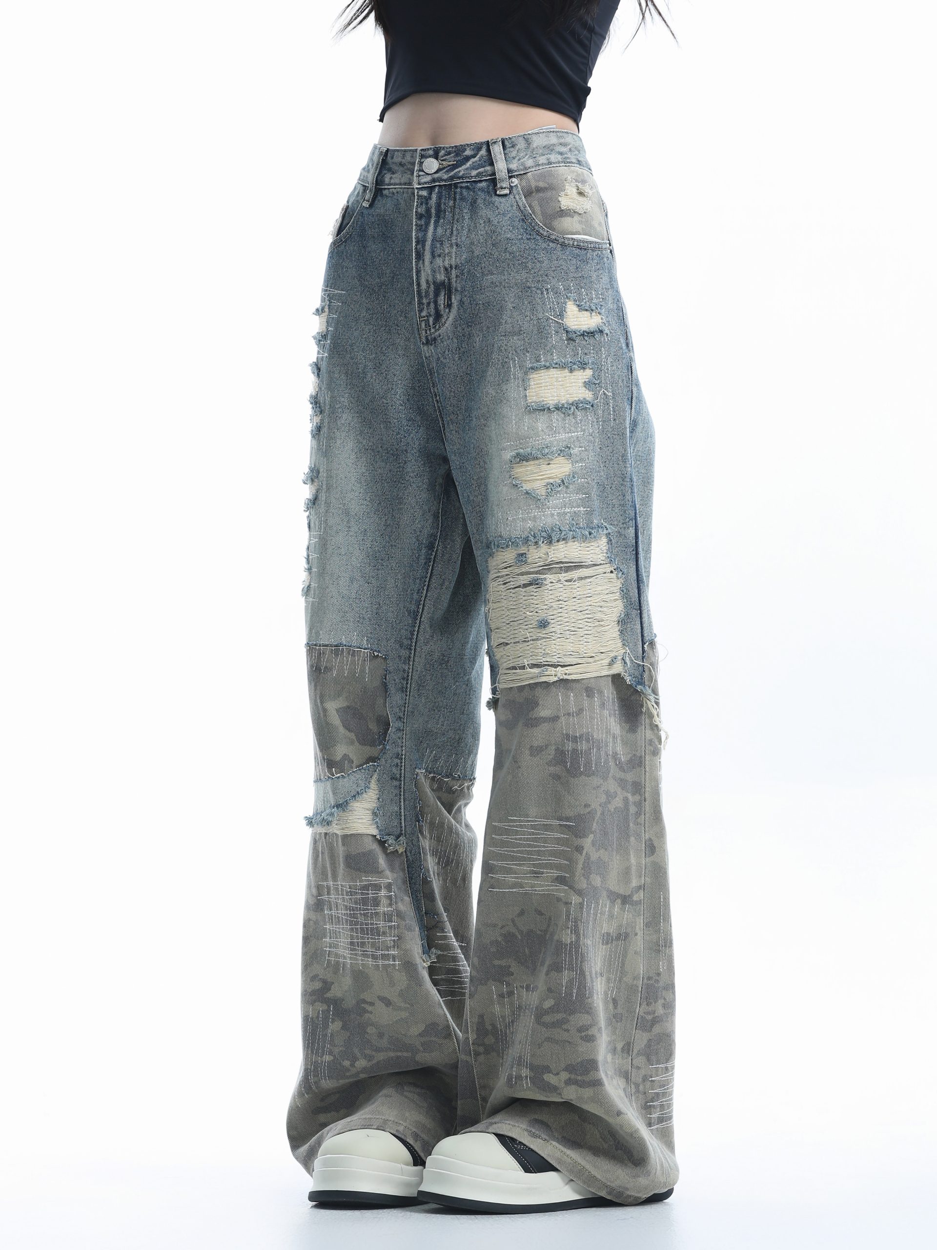 Vintage High Street Wide-Leg Ripped Camouflage Jeans for Women - Heavy-Duty Patchwork Floor-Length Pants, 90s Inspired Fashion Vintage High Street Wide-Leg Ripped Camouflage Jeans for Women - Heavy-Duty Patchwork Floor-Length Pants, 90s Inspired Fashion