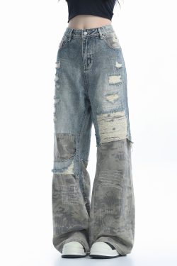 Vintage High Street Wide-Leg Ripped Camouflage Jeans for Women - Heavy-Duty Patchwork Floor-Length Pants, 90s Inspired Fashion