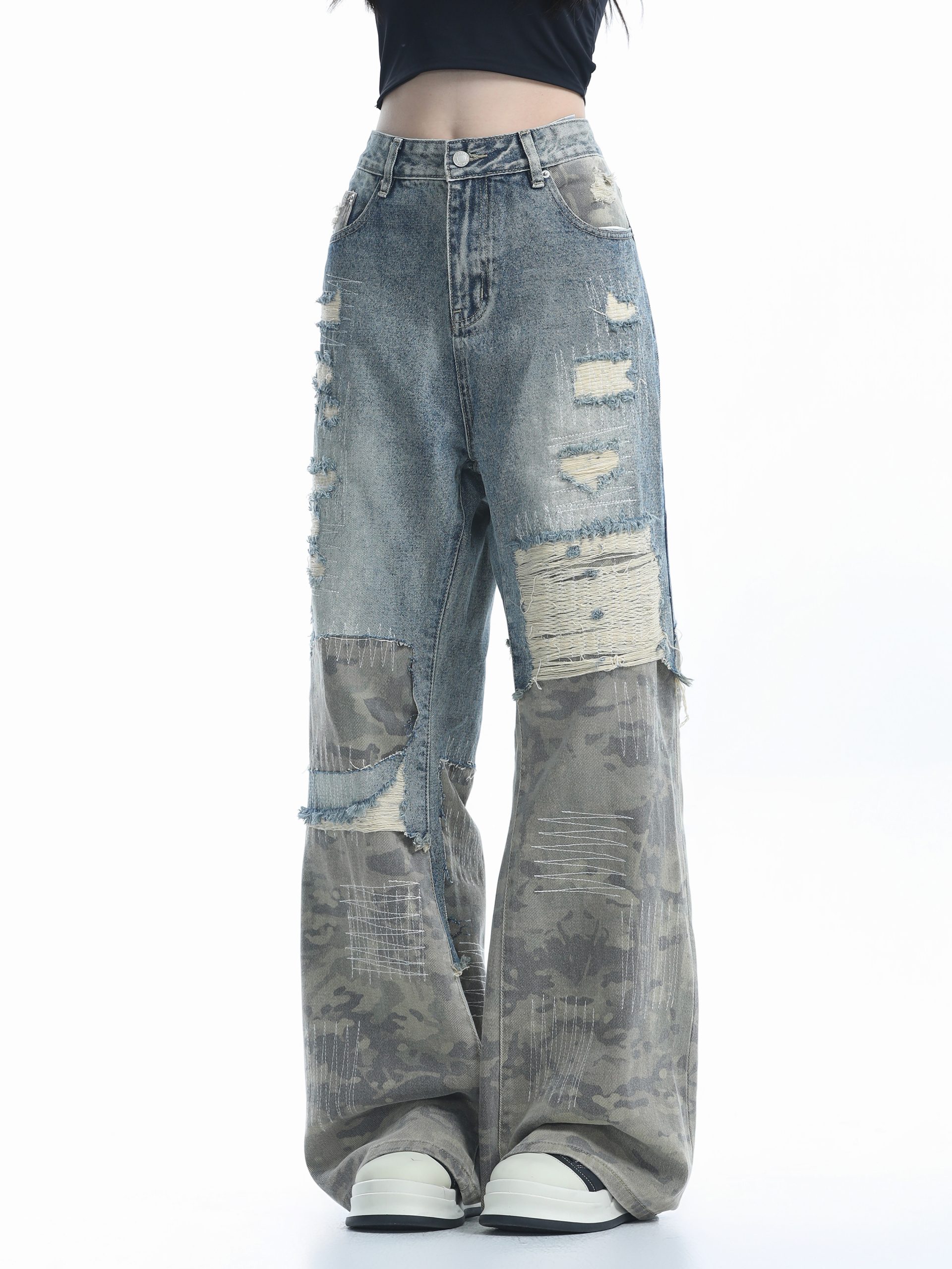 Vintage High Street Wide-Leg Ripped Camouflage Jeans for Women - Heavy-Duty Patchwork Floor-Length Pants, 90s Inspired Fashion Vintage High Street Wide-Leg Ripped Camouflage Jeans for Women - Heavy-Duty Patchwork Floor-Length Pants, 90s Inspired Fashion