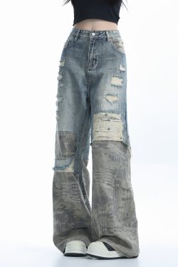 Vintage High Street Wide-Leg Ripped Camouflage Jeans for Women - Heavy-Duty Patchwork Floor-Length Pants, 90s Inspired Fashion