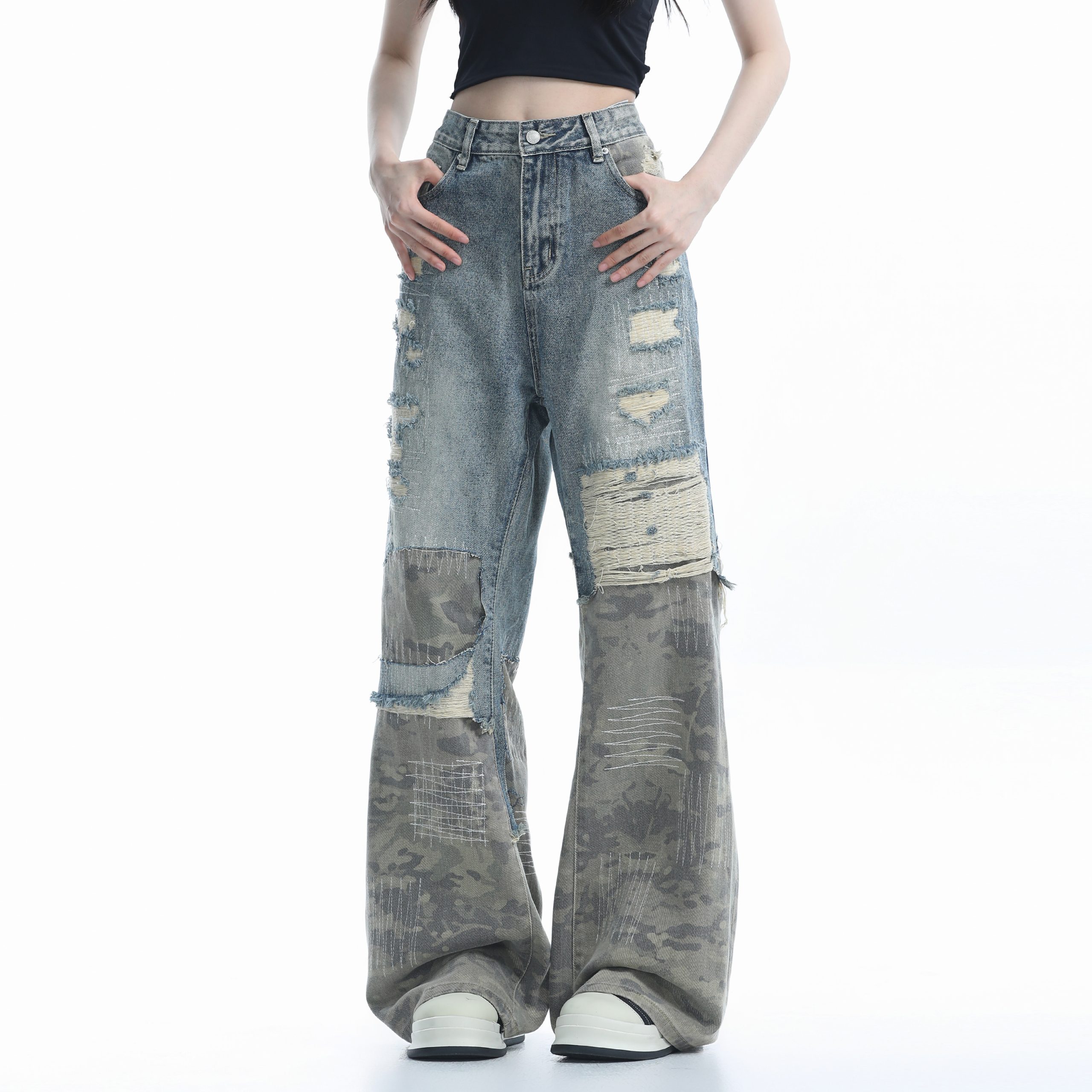 Vintage High Street Wide-Leg Ripped Camouflage Jeans for Women - Heavy-Duty Patchwork Floor-Length Pants, 90s Inspired Fashion Vintage High Street Wide-Leg Ripped Camouflage Jeans for Women - Heavy-Duty Patchwork Floor-Length Pants, 90s Inspired Fashion
